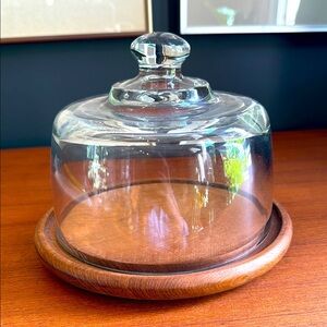 Teakwood cheese dome or butter dish, glass, cover tea, bottom, vintage, and cute